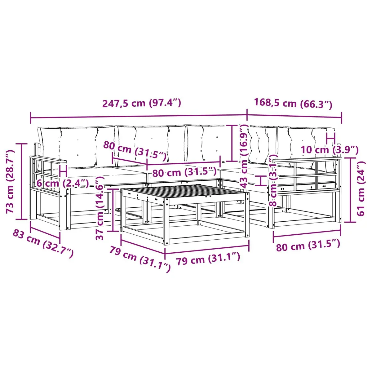 5 Piece Modular Patio Sofa Set with Cushions in Brown