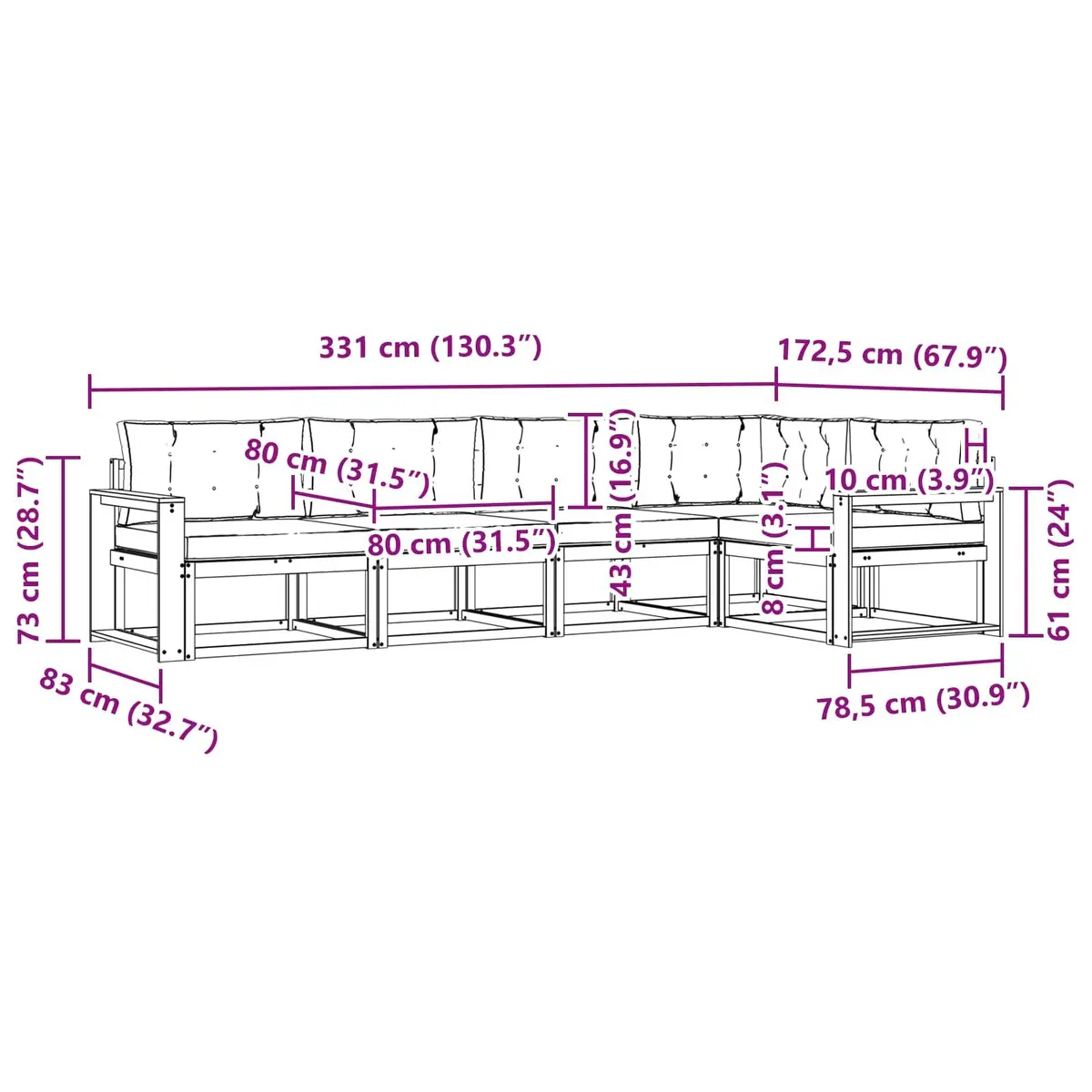 Outdoor Sectional Sofa Set 5 Pieces Garden Patio Furniture Brown Cushion