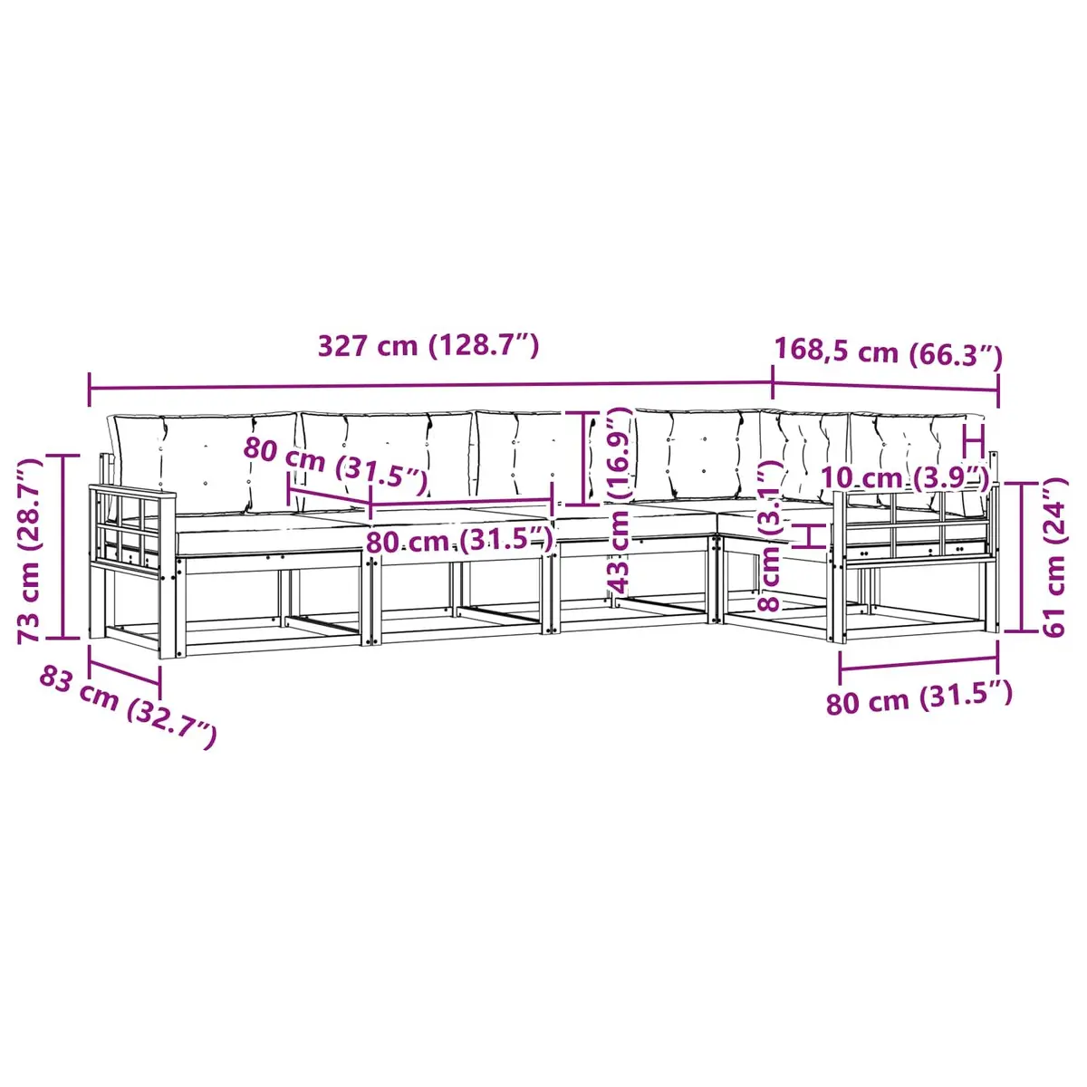 5-Piece Modular Outdoor Sofa Set with Cushions and Armrests