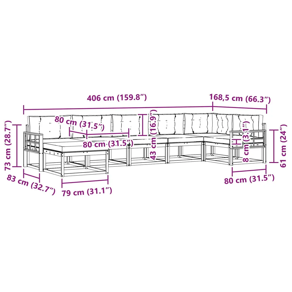 Outdoor Sectional Sofa Set 7 Piece Garden Furniture Modular Lounge with Cushions