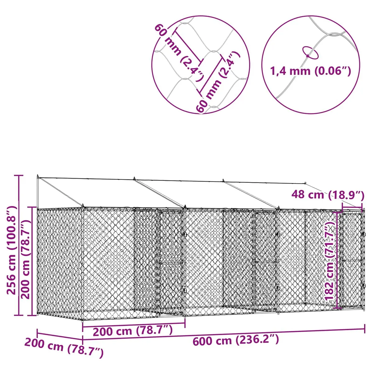 Dog Cage with Roof Outdoor Pet Kennel Run Large Spacious Silver Steel Wire Mesh