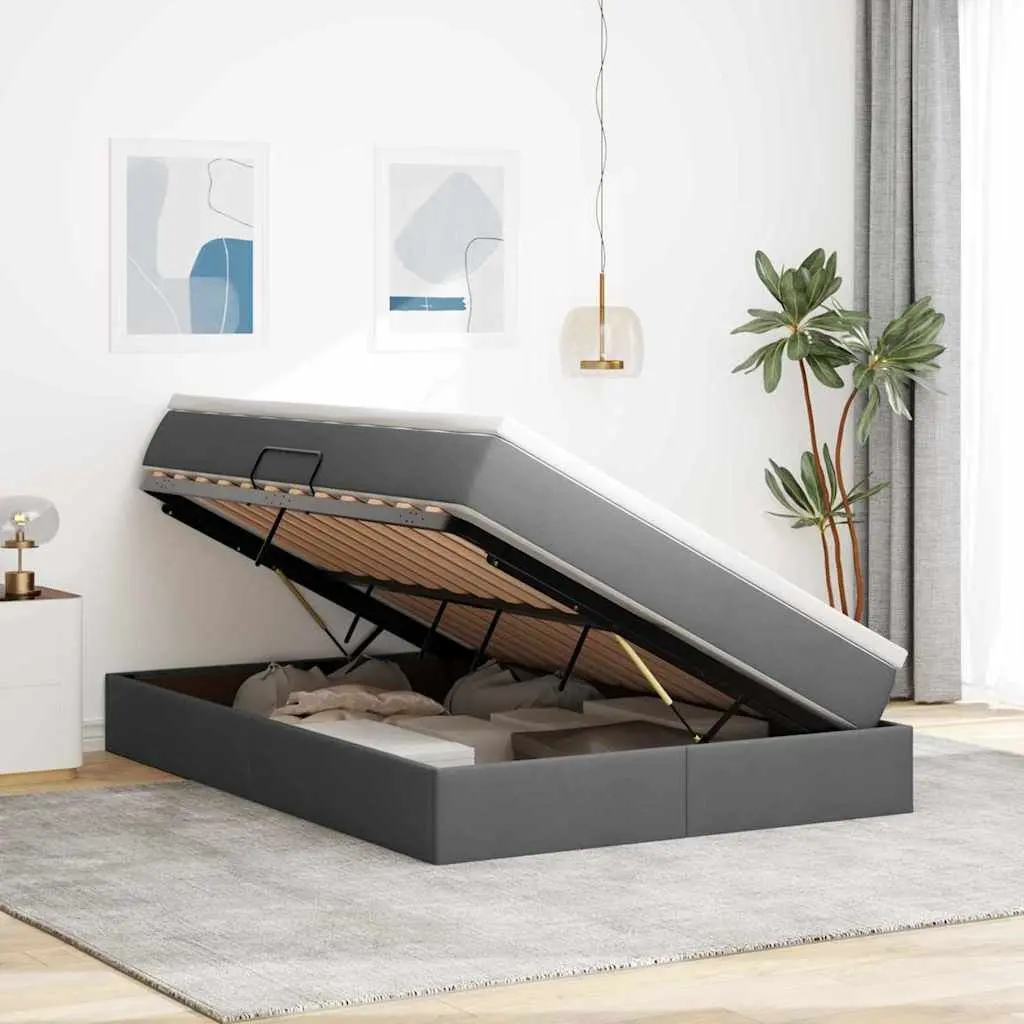Storage Bed with Mattress Grey 152 x 203 cm Modern Bedroom Furniture Hydraulic