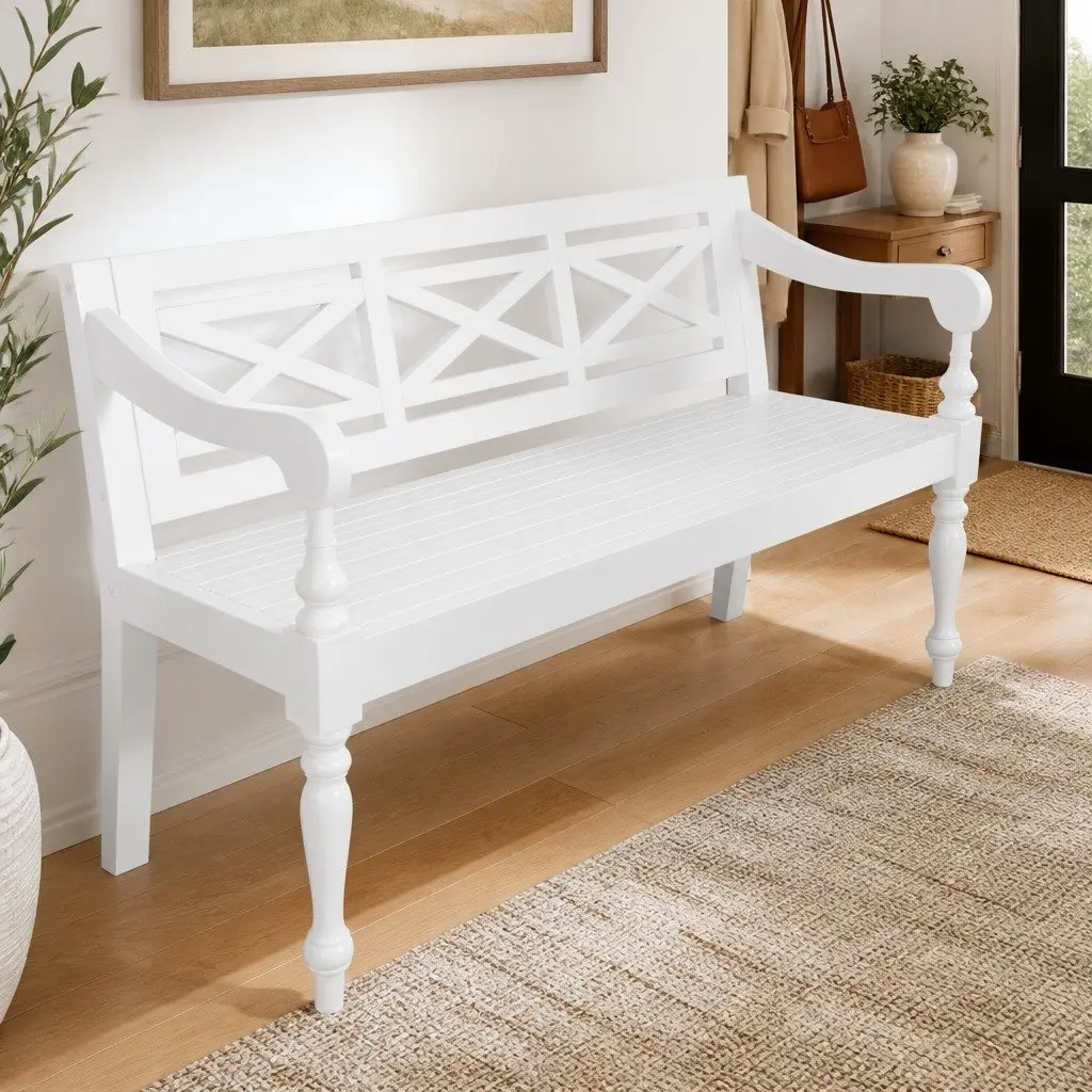 Storage Bench Entryway Hallway 123cm White Wooden Curved Armrests