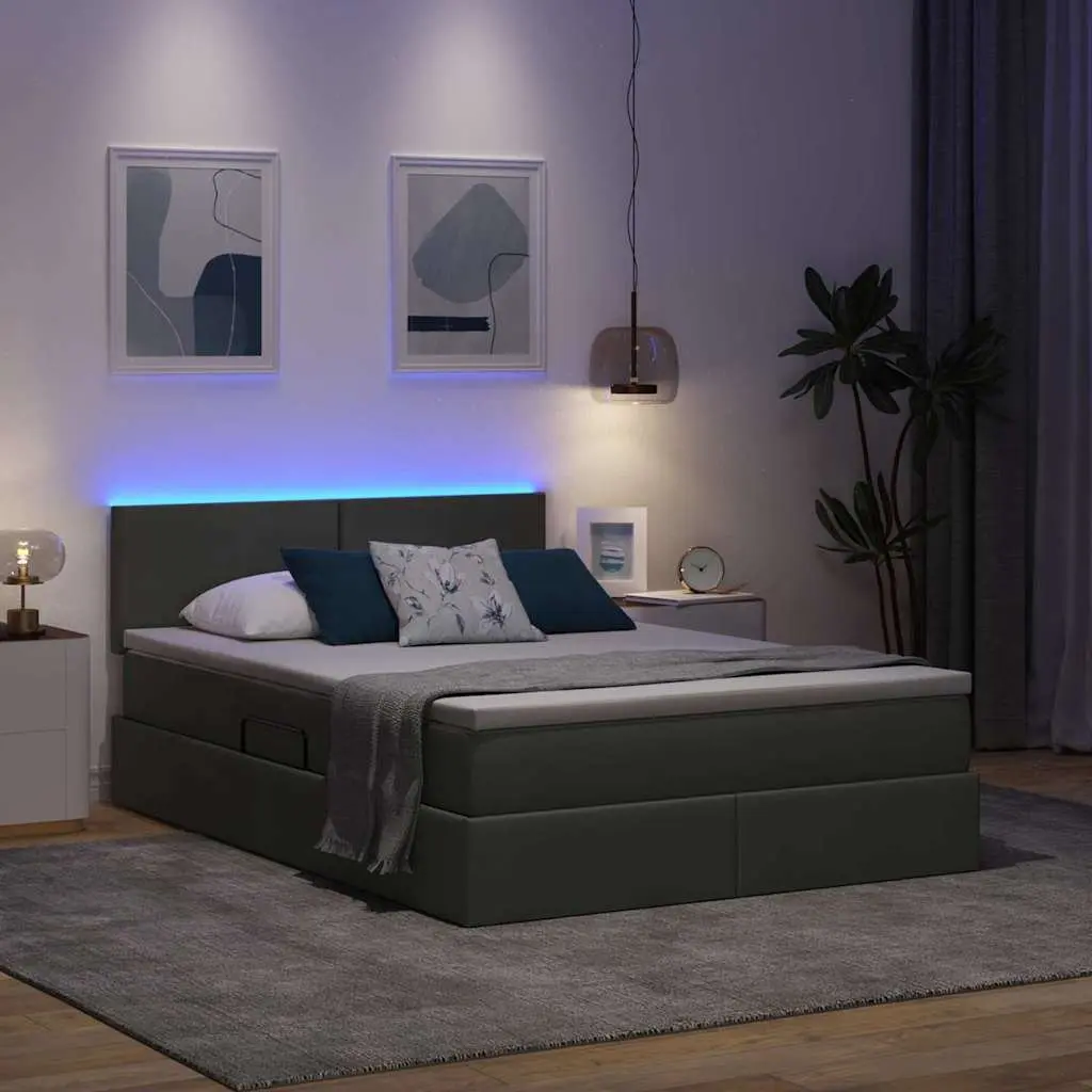 LED Storage Bed with Mattress for Bedroom Dark Grey 152 x 203 cm