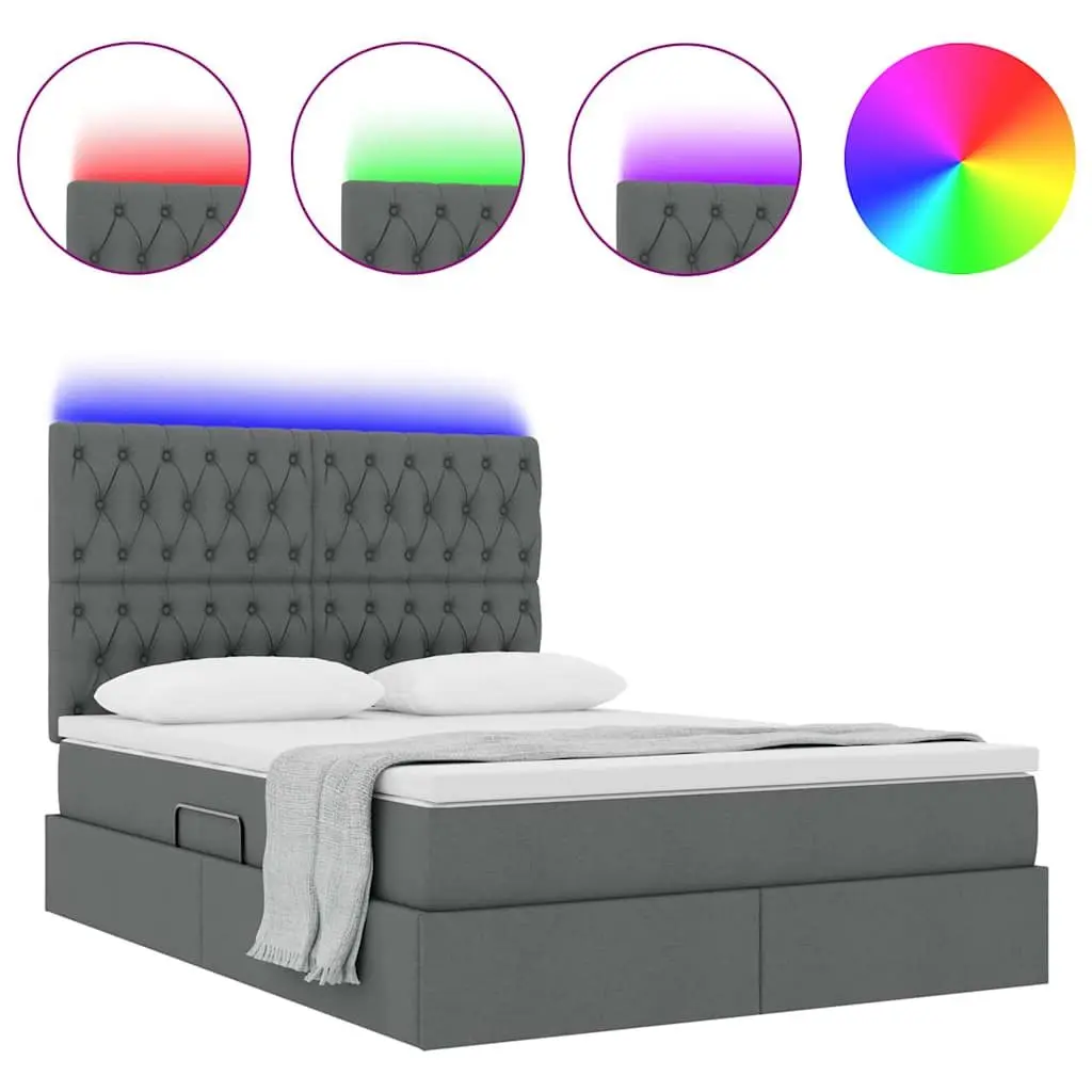 LED Storage Bed with Mattress Dark Grey 152x203cm Padded Headboard Underbed