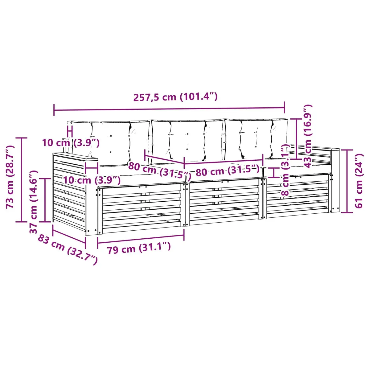 3-Piece Acacia Wood Outdoor Sofa