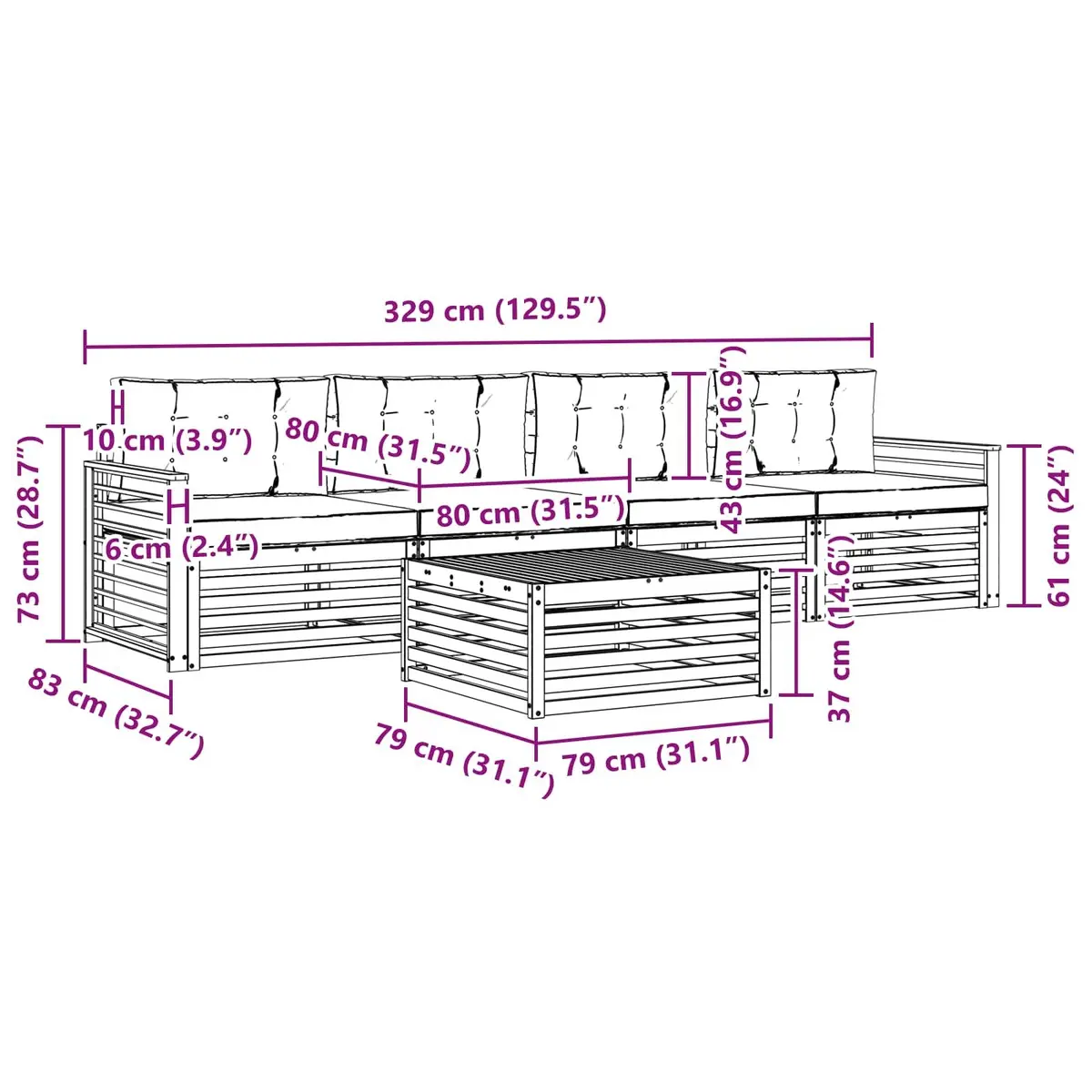 5-Piece Modular Outdoor Sofa Set with Acacia Wood
