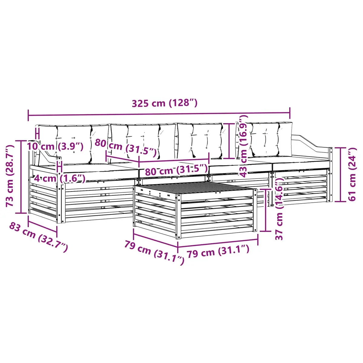 Outdoor Sofa Set 5-Piece Garden Furniture Modular Lounge with Cushion Acacia