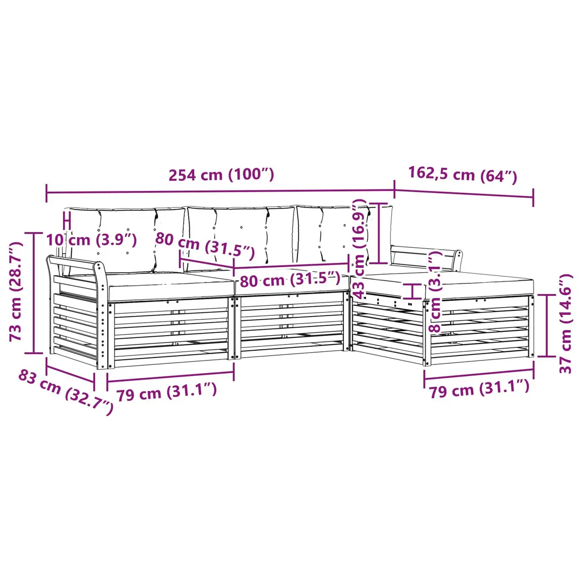 Outdoor Sofa Set Garden 254x162.5x73cm Acacia Wood