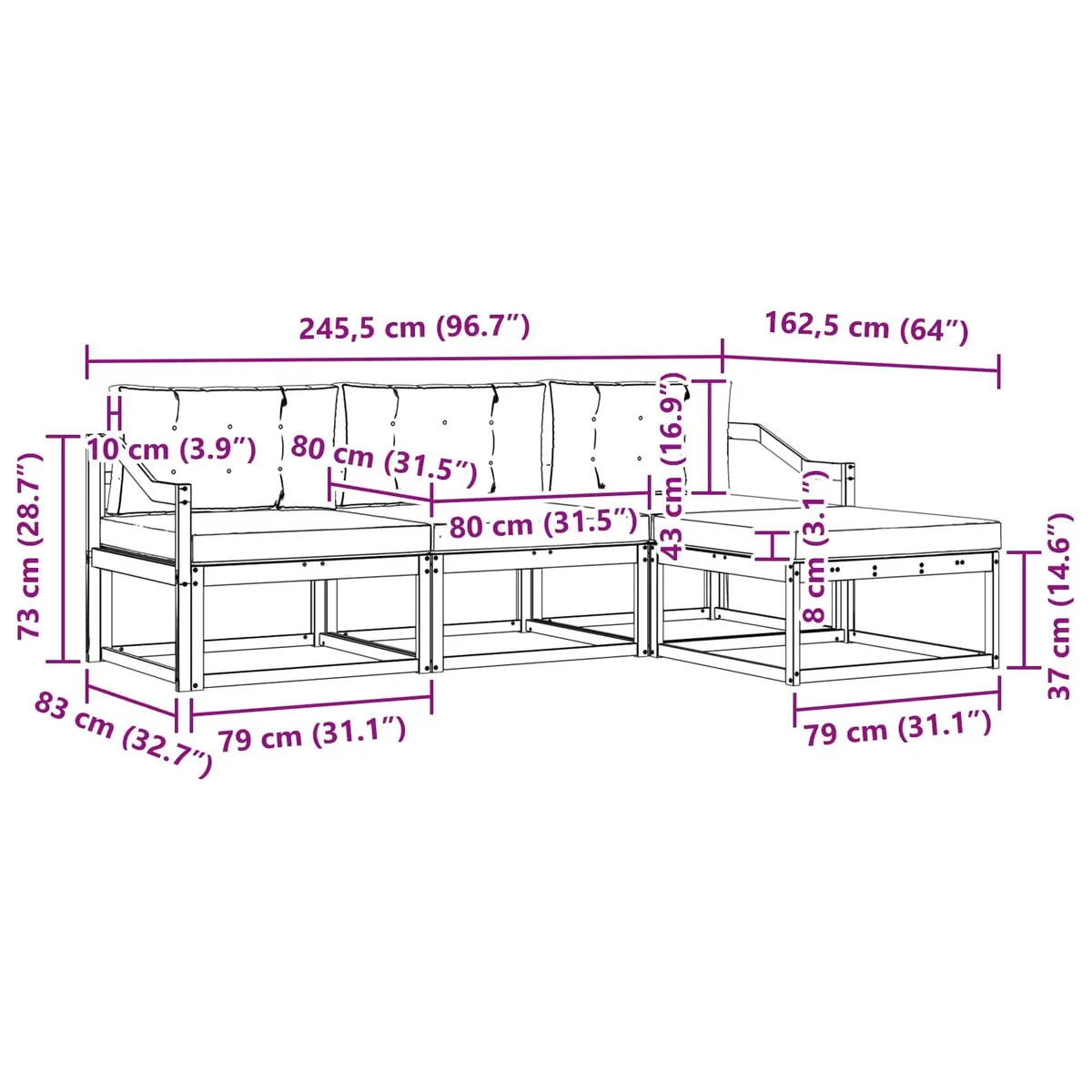 Outdoor Sofa Set Garden Furniture Modular Seating Natural Acacia Wood 2455 x 1625 x 730 mm