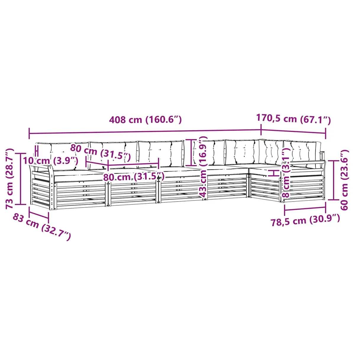 Outdoor Sofa Set 6 Piece Garden Furniture Acacia Wood Modular for Patio and Garden