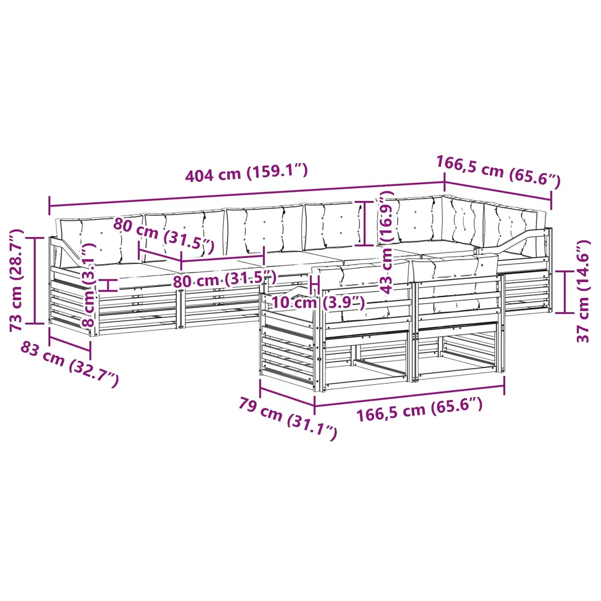 Outdoor Sofa Set Modular Garden Furniture 8 Pieces Acacia Wood with Cushions