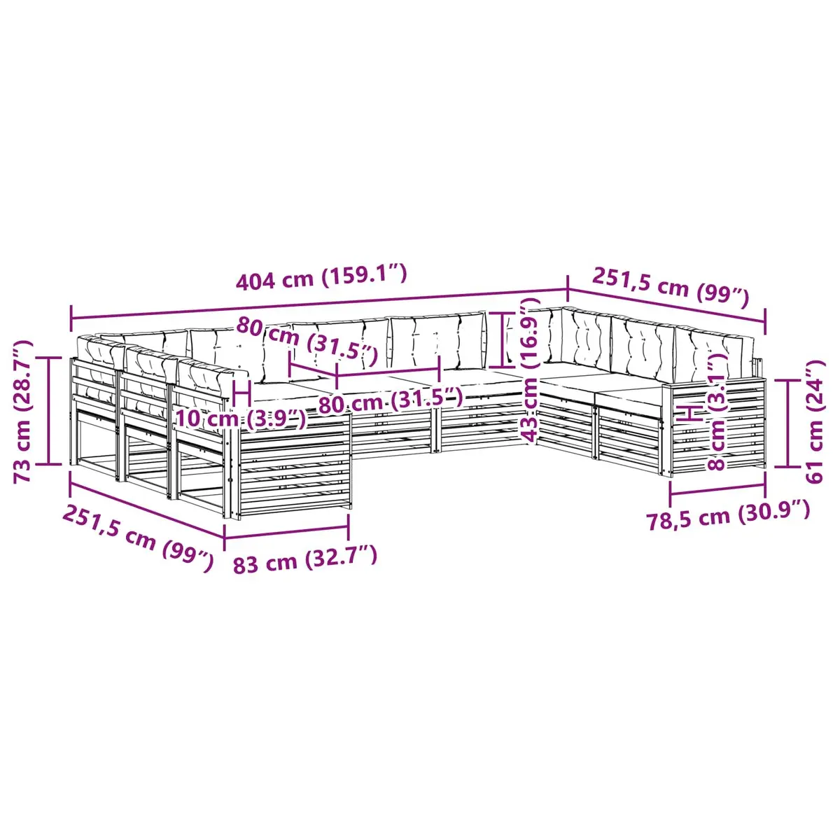 9 pcs Outdoor Sofa Set in Solid Acacia Wood