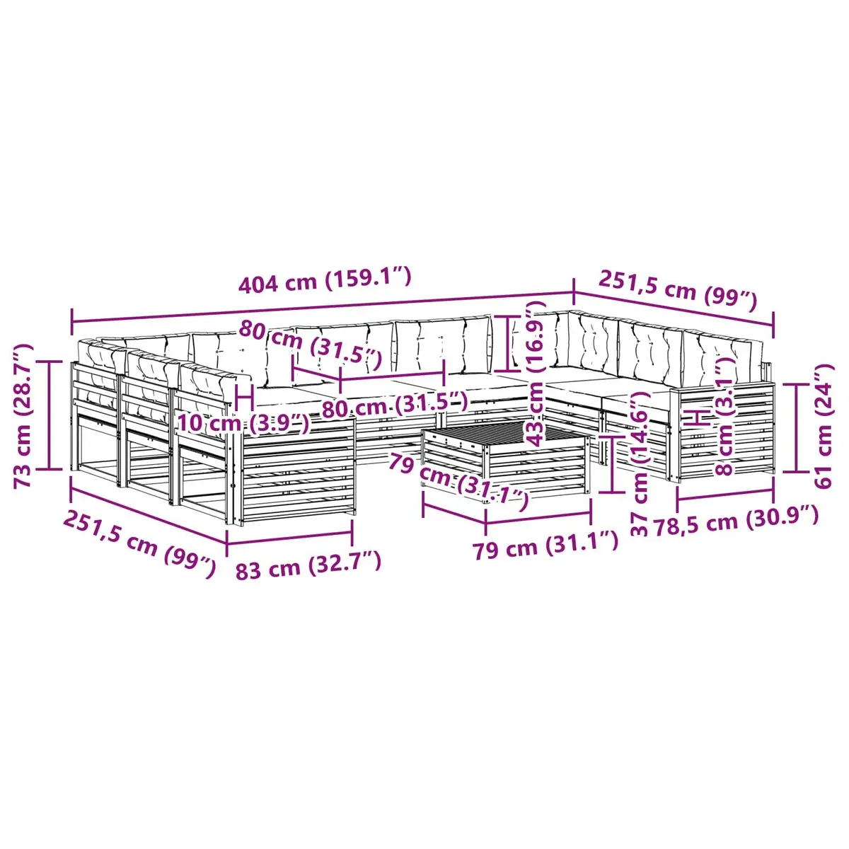 Modular Outdoor Furniture Set 10 Pieces Flexible Acacia Wood Garden Sofa Natural Anthracite