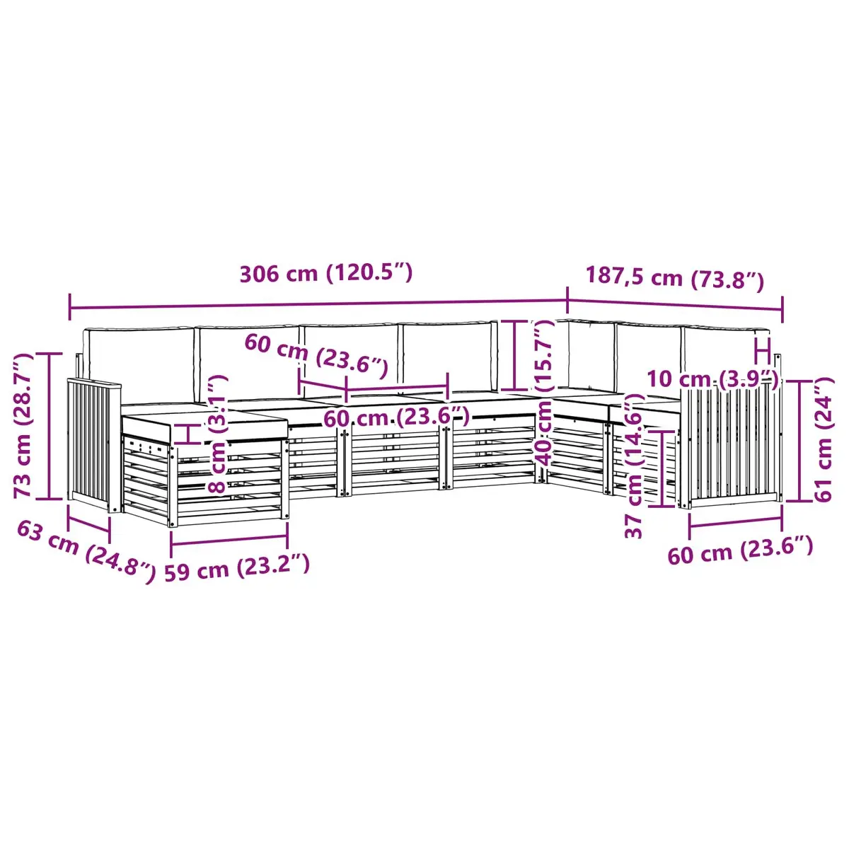 Outdoor Sofa Set Garden Use 8 Pieces Modular Solid Wood Lounge Patio