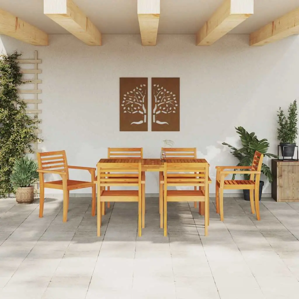7 Piece Acacia Wood Patio Dining Set Rustic Garden Furniture Table and Chairs for Outdoor Use