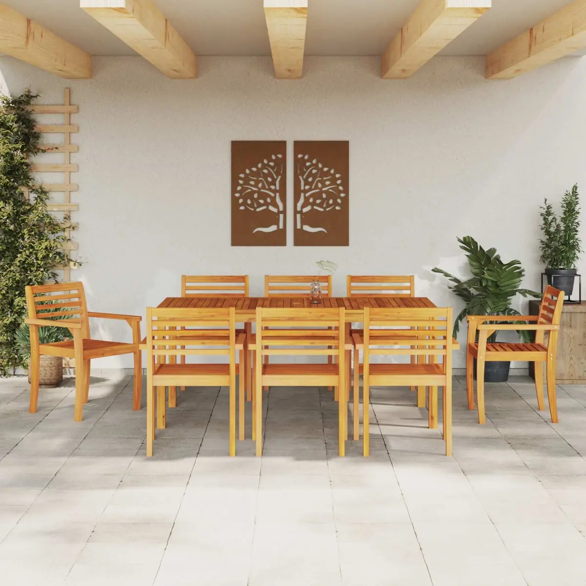 Garden Dining Set 9 Piece Outdoor Use Brown Acacia Wood Patio Table Chairs