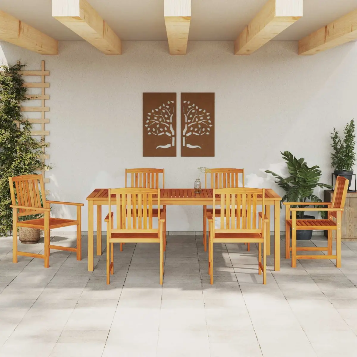 Garden Dining Set Outdoor 7 Pieces Brown Solid Acacia Wood Patio Furniture