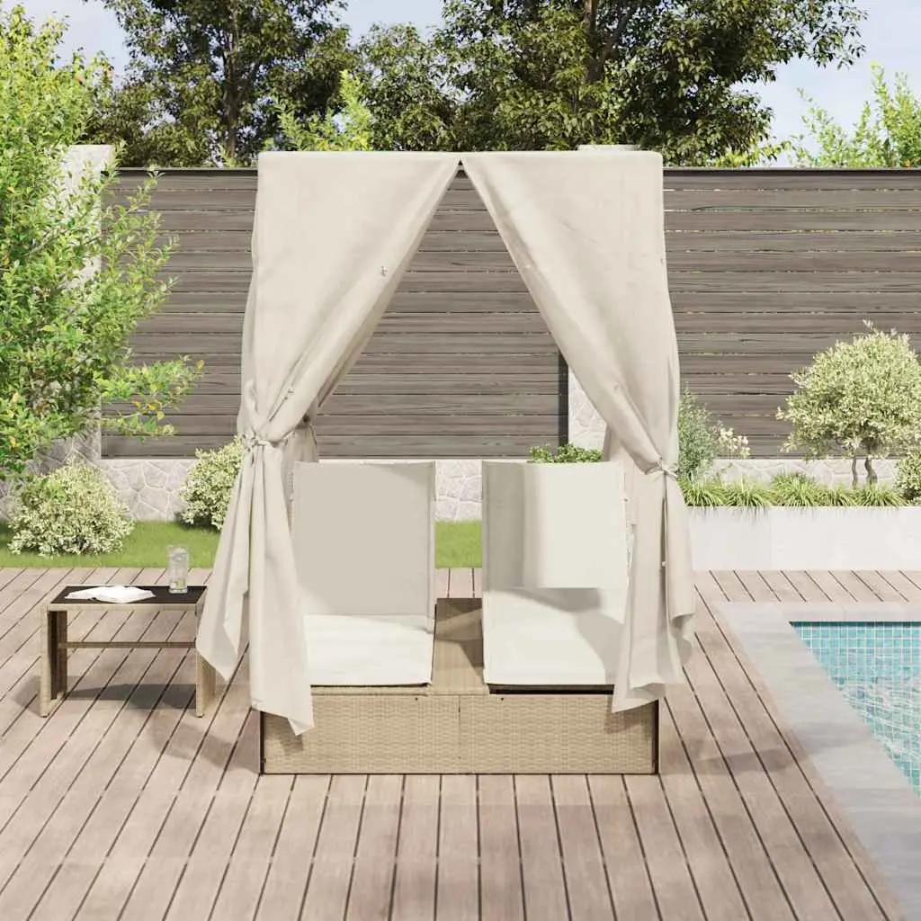 Double Sun Lounger Outdoor Bed with Roof Curtains Adjustable Backrest for Garden 205 x 129 x 200 cm