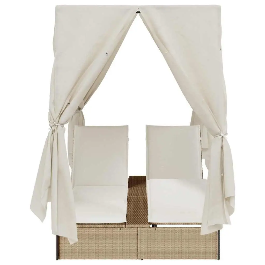 Double Sun Lounger Outdoor Bed with Roof Curtains Adjustable Backrest for Garden 205 x 129 x 200 cm
