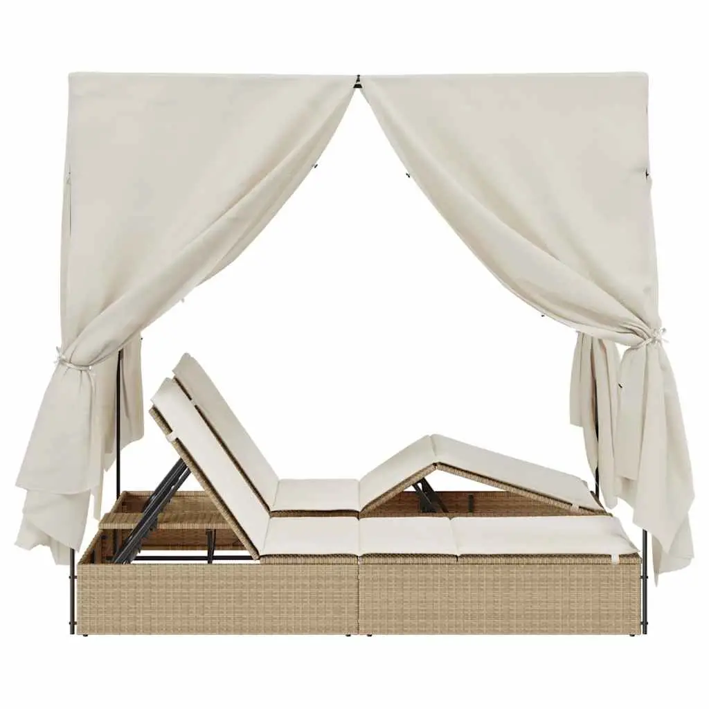 Double Sun Lounger Outdoor Bed with Roof Curtains Adjustable Backrest for Garden 205 x 129 x 200 cm