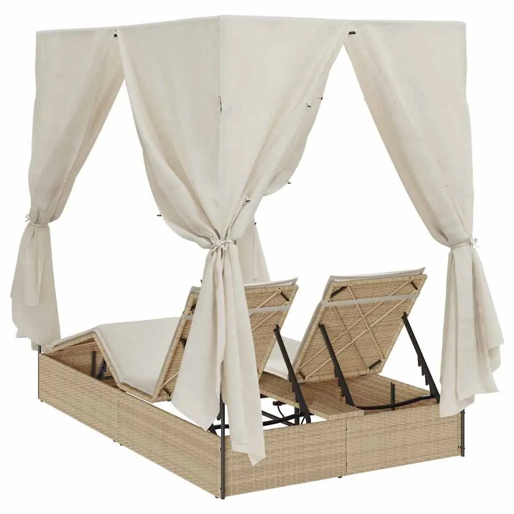 Double Sun Lounger Outdoor Bed with Roof Curtains Adjustable Backrest for Garden 205 x 129 x 200 cm