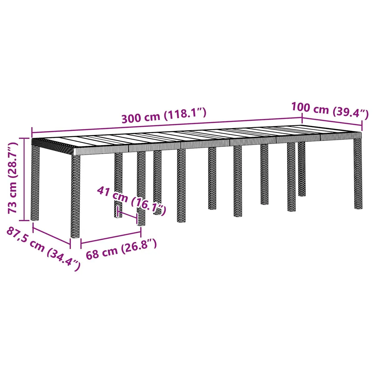 Garden Dining Table Rectangular Outdoor Poly Rattan Brown 300x100x73cm Steel