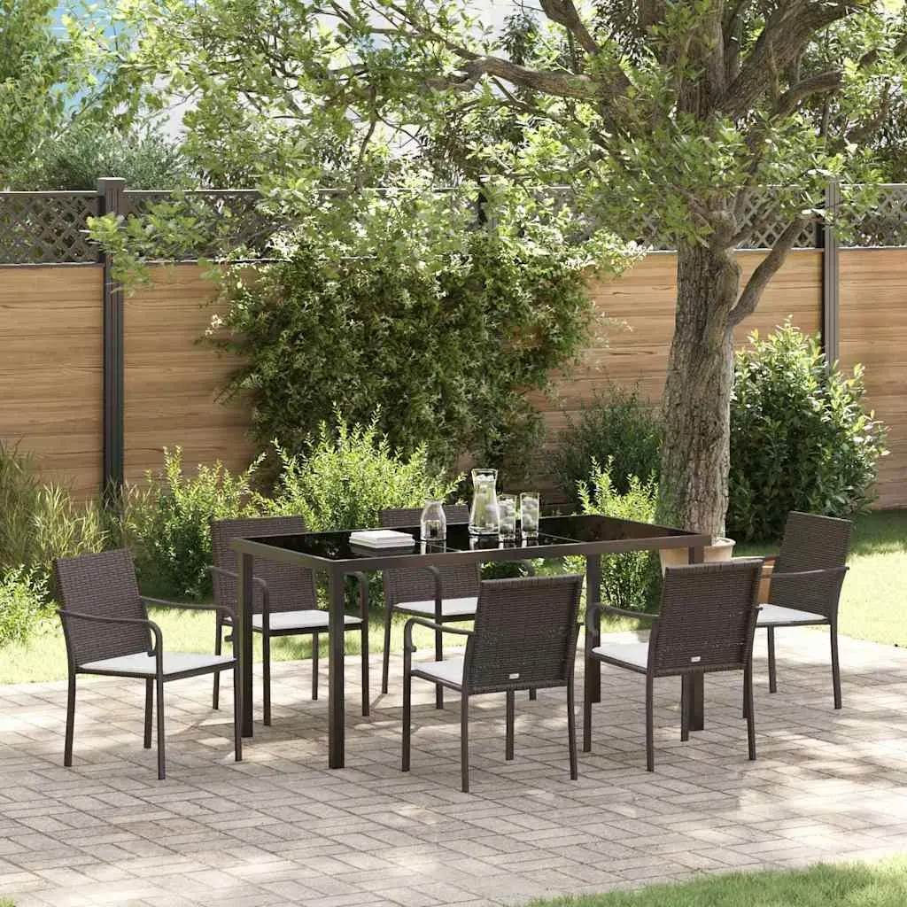 Outdoor Rattan Dining Set 7 Piece Brown Black Furniture for Garden Patio with Table and Chairs