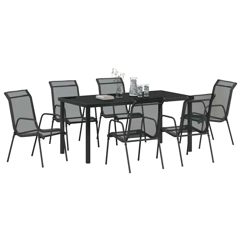 Garden Dining Set Outdoor Furniture 7 Piece Black Steel Frame Mesh Seats
