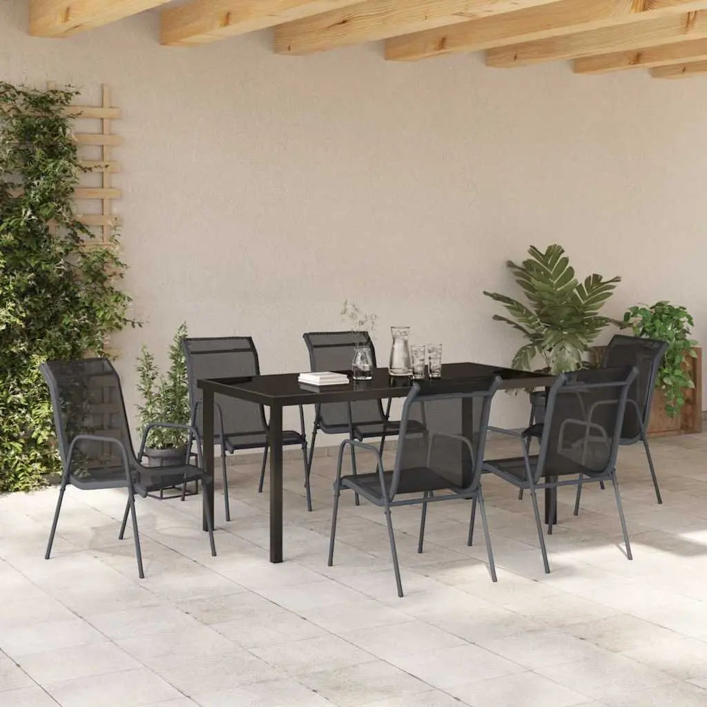 Garden Dining Set Outdoor Furniture 7 Piece Black Steel Frame Mesh Seats