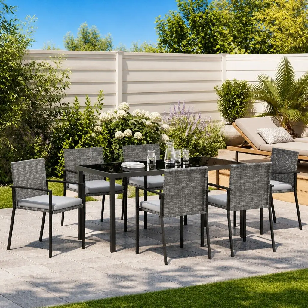 Garden Dining Set Outdoor Furniture 7 Pieces Steel Frame Poly Rattan Seats