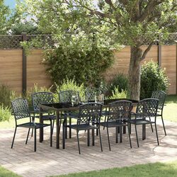 Garden Dining Set 9 Pieces Outdoor Furniture Anthracite Steel Glass Tabletop