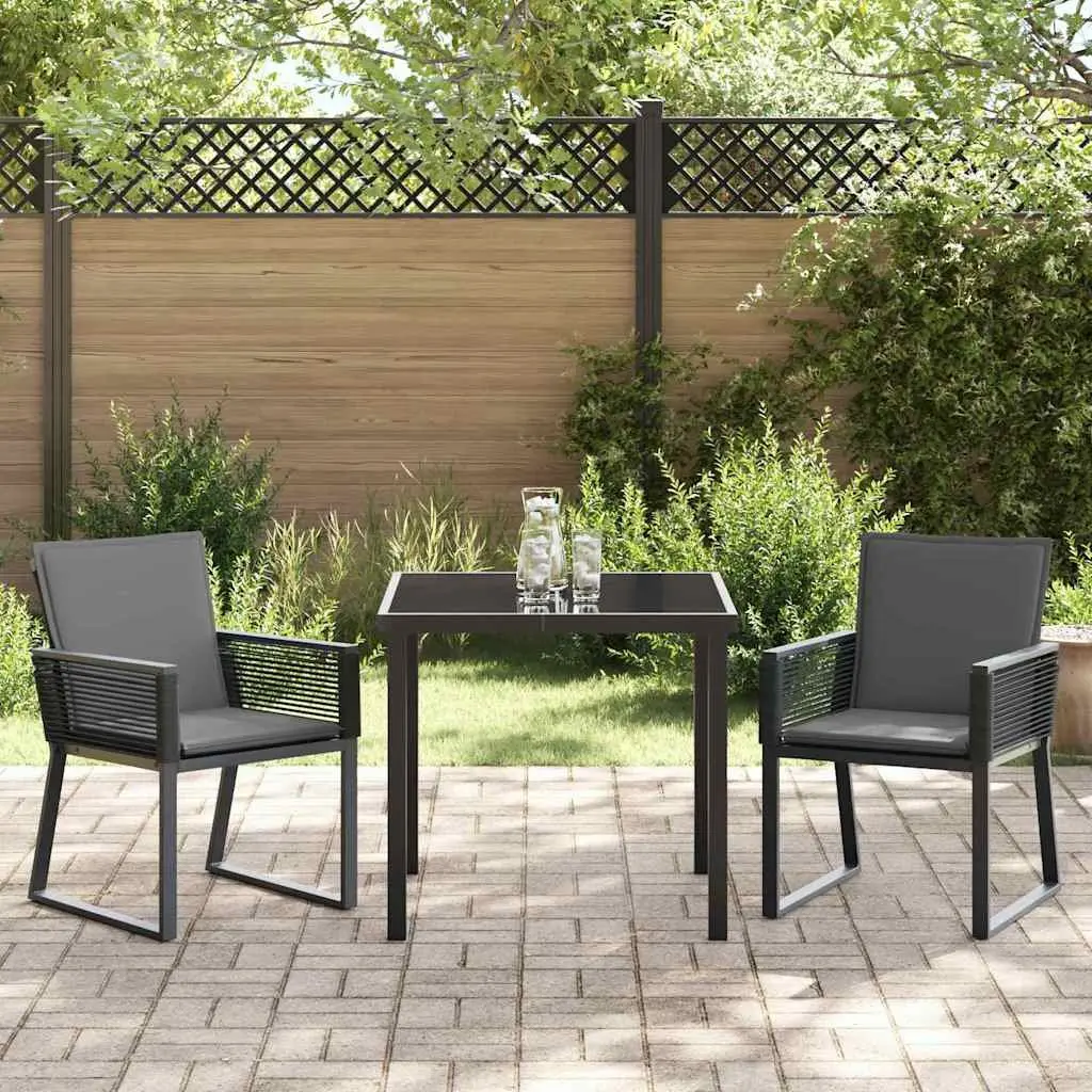 Garden Dining Set 3 Piece Black Outdoor Use Rattan Glass Table Chairs