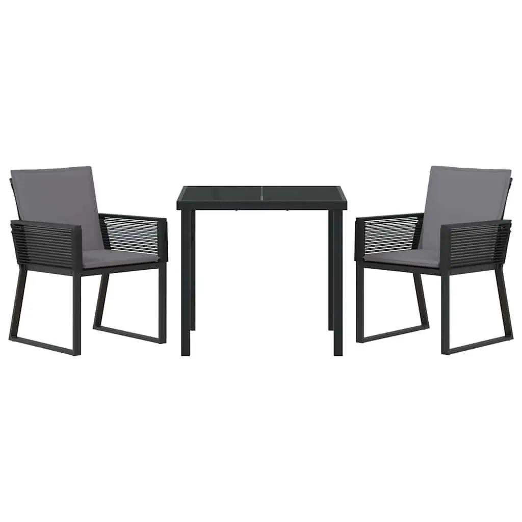 Garden Dining Set 3 Piece Black Outdoor Use Rattan Glass Table Chairs