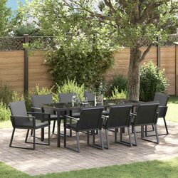 9-Piece Black Garden Dining Set with Rattan and Glass