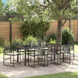 Outdoor Dining Set: 9-Piece, Black Poly Rattan and Glass