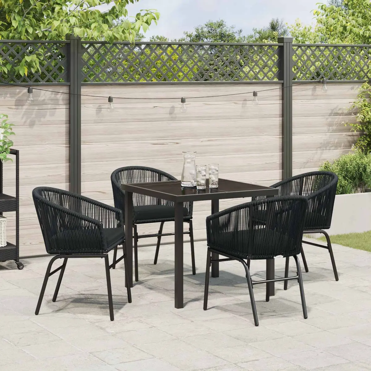 Garden Dining Set Outdoor Use 5 Piece Black Steel Table Chairs