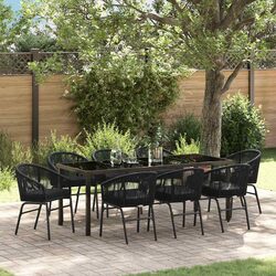 9 Piece Dining Set: Black Steel Frame with Tempered Glass