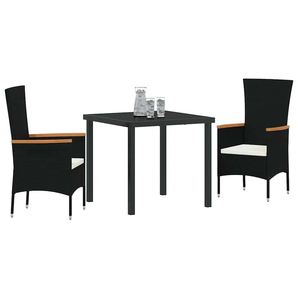 Garden Dining Set Outdoor Use 3 Pieces Black Steel Frame Glass Table