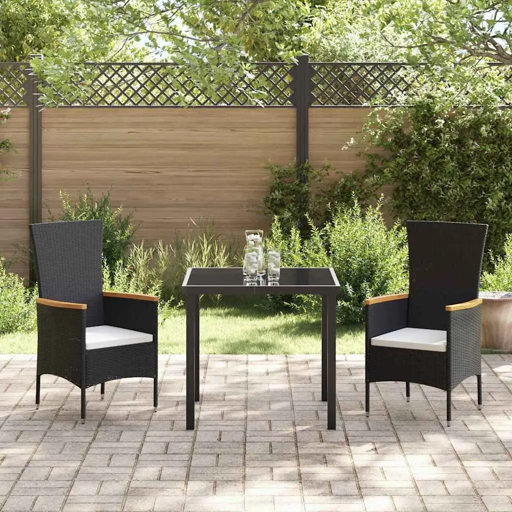 Garden Dining Set Outdoor Use 3 Pieces Black Steel Frame Glass Table