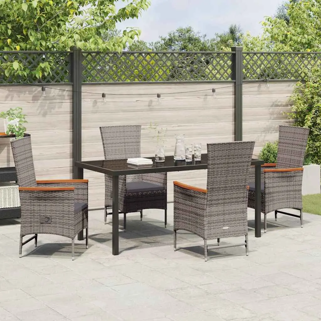 Garden Dining Set 5 Piece Outdoor Furniture Grey Steel Frame Glass Top Cushions
