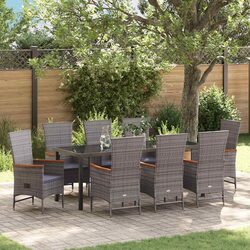 Garden Dining Set - 9 Pieces, Grey, Tempered Glass