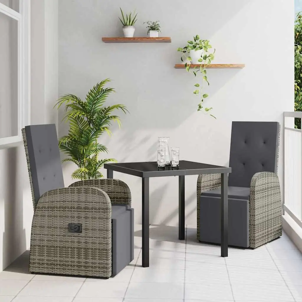 3 Piece Grey Poly Rattan Outdoor Dining Set for Patio Terrace and Backyard