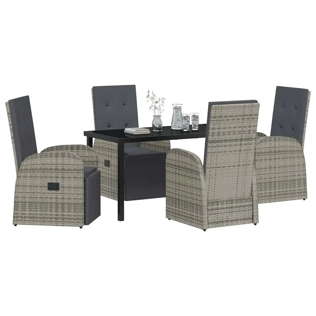 Outdoor Furniture Dining Set 5 Piece Modern Grey Poly Rattan Adjustable Backrest Chairs and Tempered Glass Table for Patio