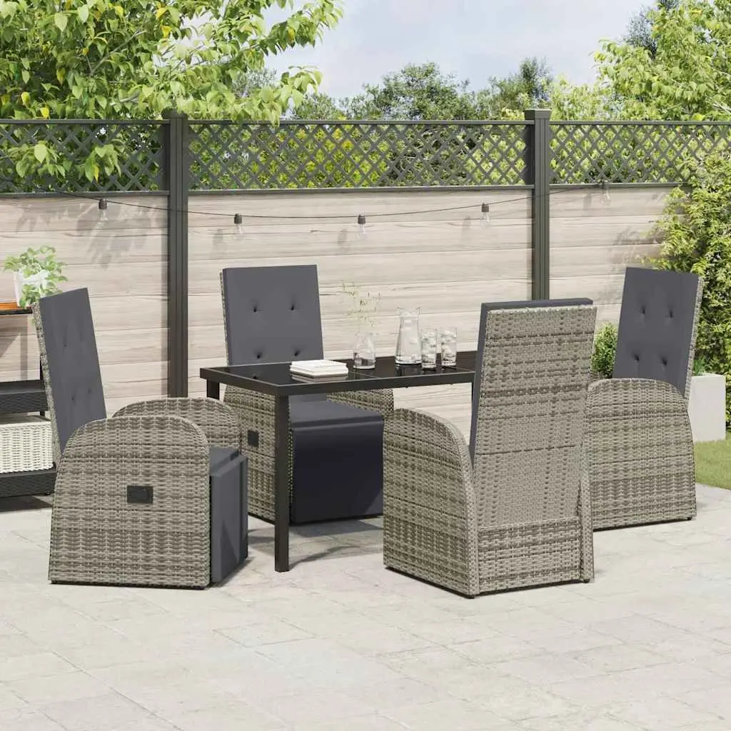 Outdoor Furniture Dining Set 5 Piece Modern Grey Poly Rattan Adjustable Backrest Chairs and Tempered Glass Table for Patio