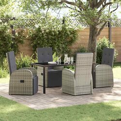 Grey 5-Piece Dining Set - Poly Rattan & Glass Table