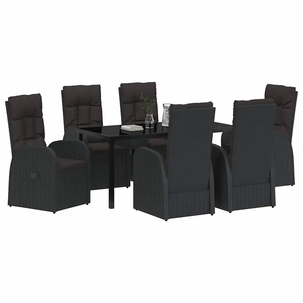 7 Piece Outdoor Dining Set for Garden and Terrace with Black Poly Rattan Frame and Tempered Glass Top
