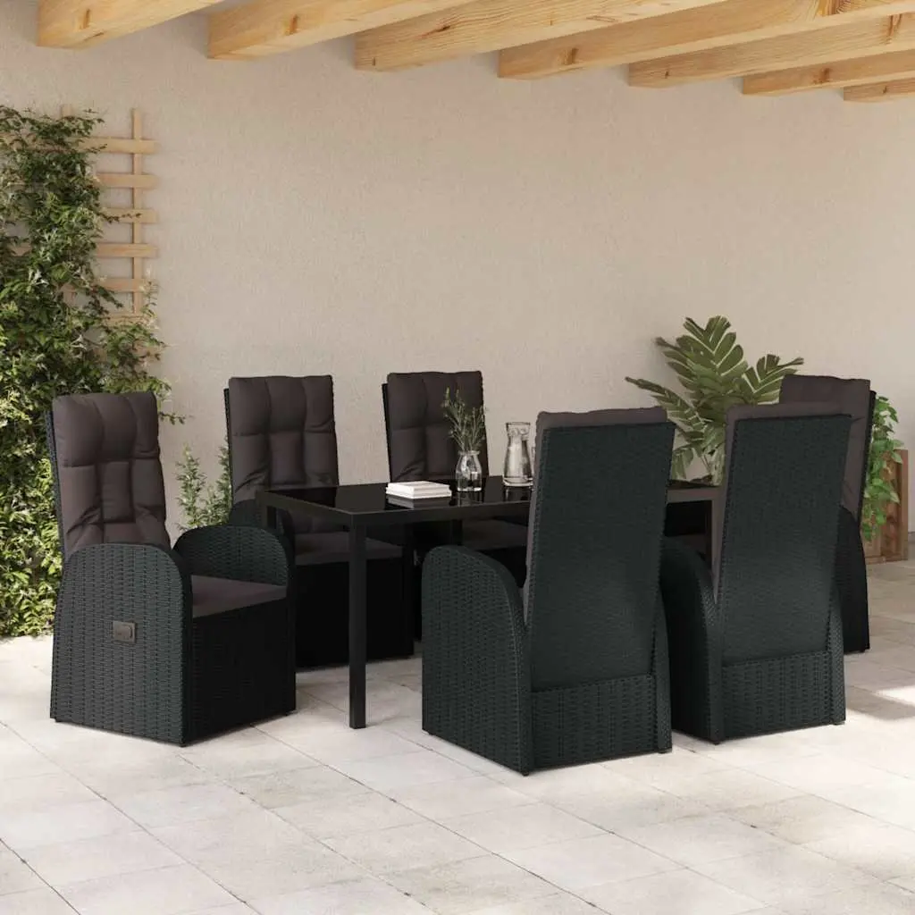 7 Piece Outdoor Dining Set for Garden and Terrace with Black Poly Rattan Frame and Tempered Glass Top