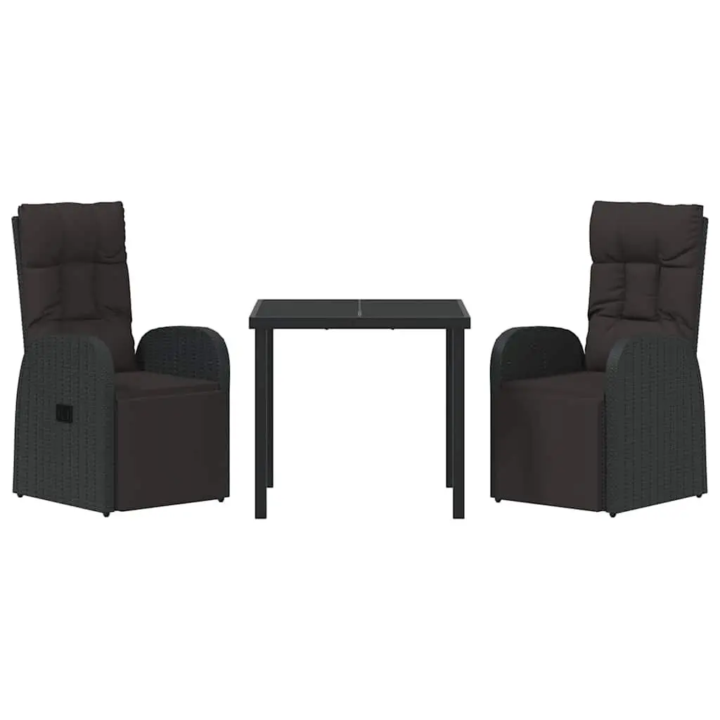Outdoor Garden Dining Set 3 Piece Black Poly Rattan Chairs Table with Cushion