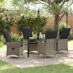 5 Piece Garden Dining Set with Grey Cushions and Glass Tabletop